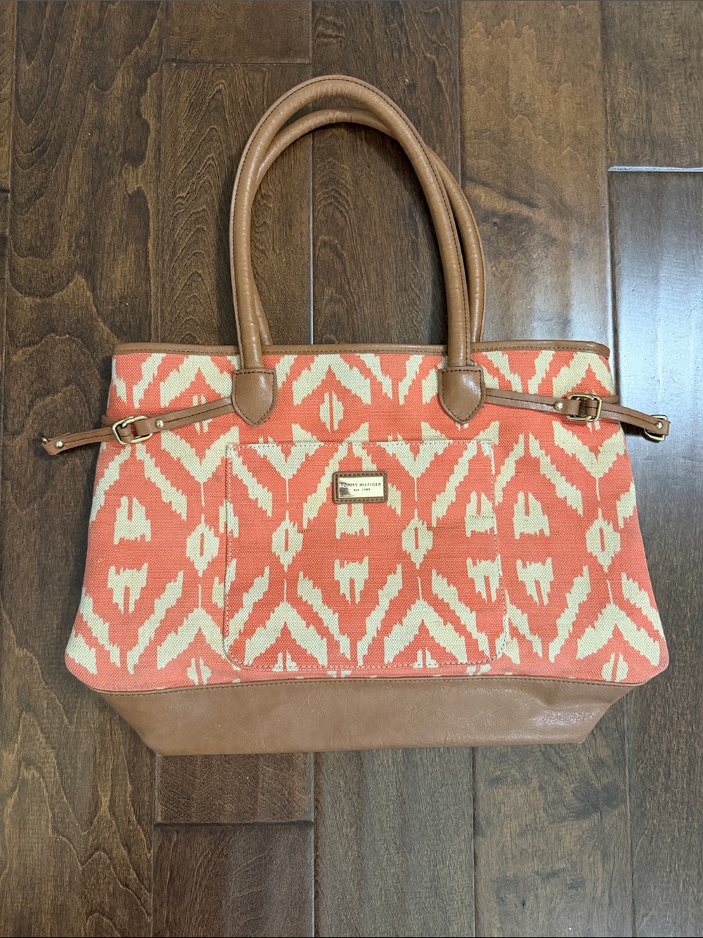 Tommy Hilfiger Coral Aztec Ikat Canvas Tote Bag with Tan Trim